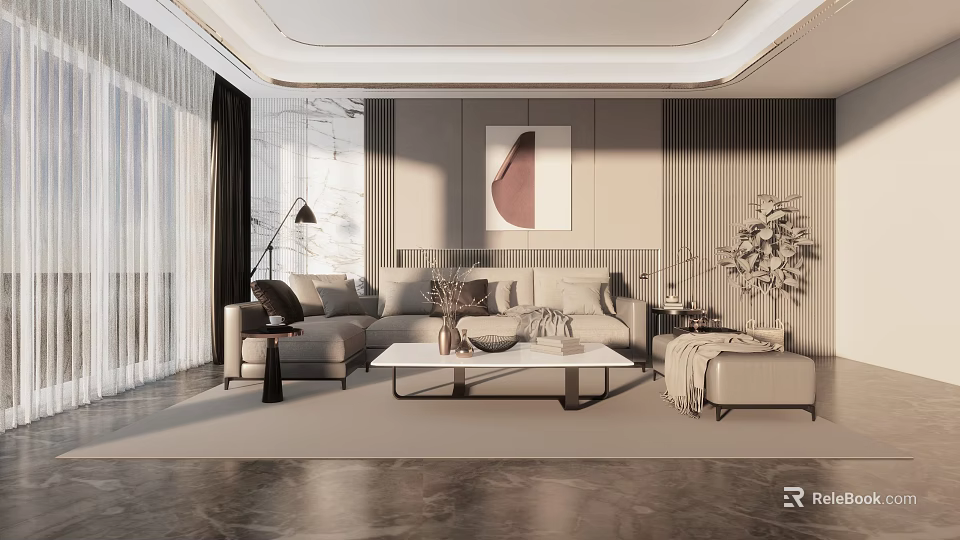 Modern Living Room Interior Design With Grey Sofa Coffee Table Decorative Painting And Carpet 3d model 