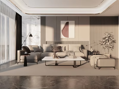 Modern Living Room Interior Design With Grey Sofa Coffee Table Decorative Painting And Carpet 3d model