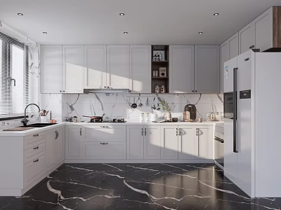 Modern Kitchen Interior With White Cabinets Marble Countertops And Black Marble Flooring 3d model