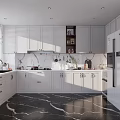 Modern Kitchen Interior With White Cabinets Marble Countertops And Black Marble Flooring