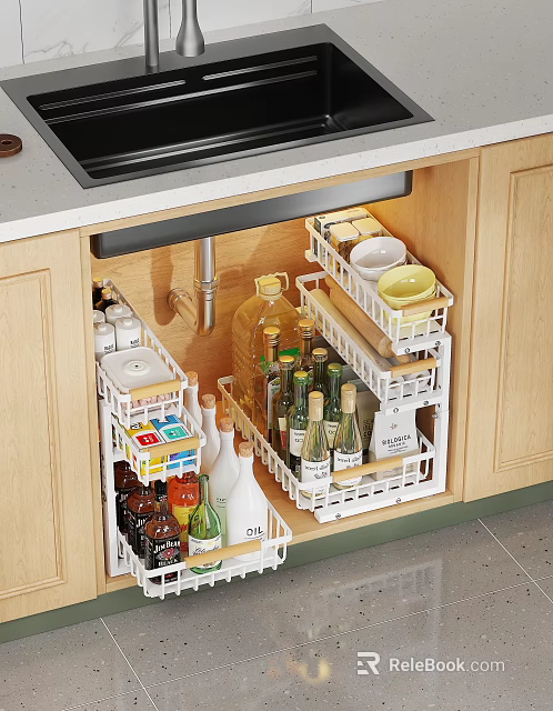 Organized Kitchen Cabinets With White Storage Racks Holding Spice Bottles Bowls And Dishes 3d model 