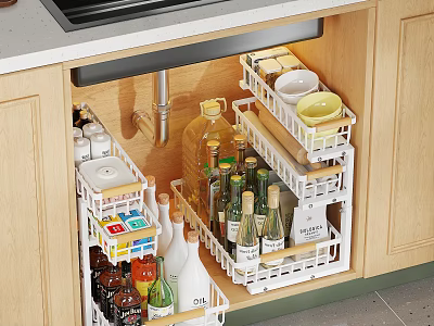 Organized Kitchen Cabinets With White Storage Racks Holding Spice Bottles Bowls And Dishes 3d model
