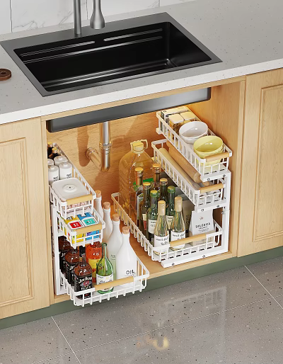 Organized Kitchen Cabinets With White Storage Racks Holding Spice Bottles Bowls And Dishes 3d model