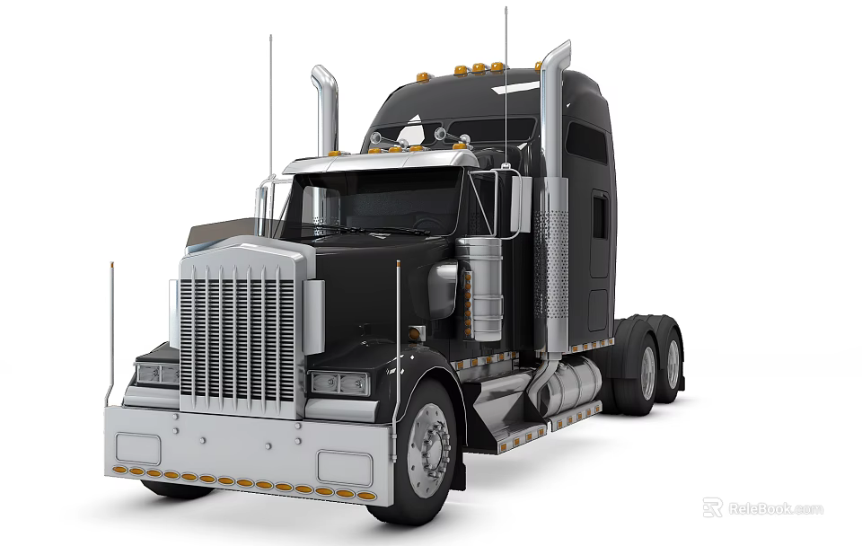 Black Semi Truck With Chrome Grille Exhaust Pipes And Modern Cab Design 3d model 