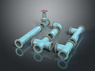 Industrial Style Rustic Lighting Combination With Turquoise Pipes And Red Valve Elements 3d model