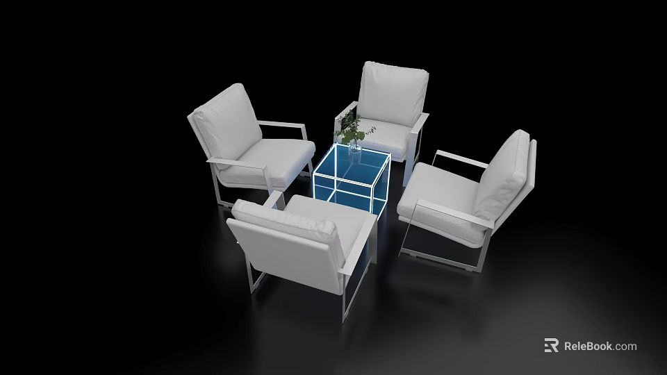 Negotiation Table and Chairs Set with White Seats Transparent Glass Top Metal Frame Modern Design 3d model 