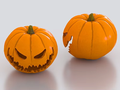 Decorative Ornament Set Of Pumpkins With Carved Face And Split Design For Home Decor 3d model