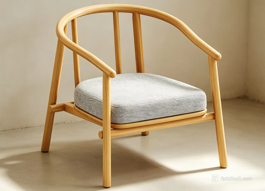 Minimalist Modern Armchair With Light Wooden Frame Curved Armrests And Gray Padded Seat 3d model 