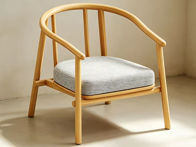 Minimalist Modern Armchair With Light Wooden Frame Curved Armrests And Gray Padded Seat 3d model