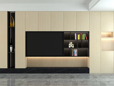 Modern Wooden TV Background Cabinet with Built in Shelves Books and Minimalist Decorative Design 3d model