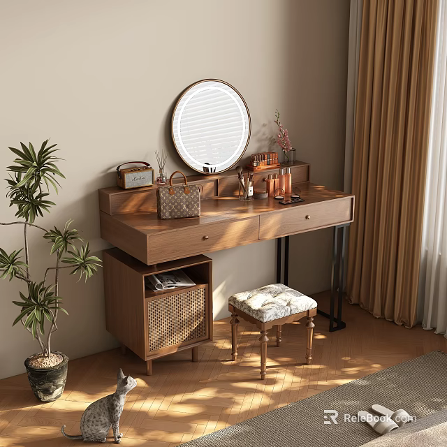 Stylish Wooden Dressing Table With Round Mirror Drawers Handbag Vase And Stool 3d model 