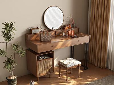 Stylish Wooden Dressing Table With Round Mirror Drawers Handbag Vase And Stool 3d model