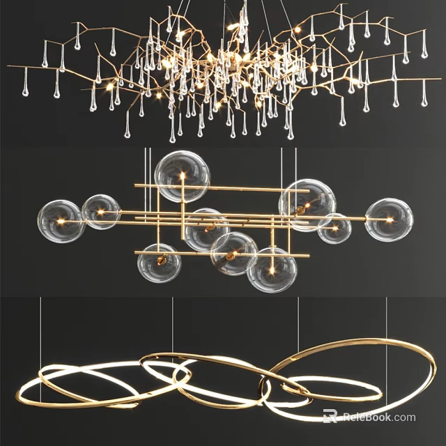 Contemporary Chandelier Designs With Transparent Glass Globes Golden Metal Frames Circular And Bar Structures 3d model 