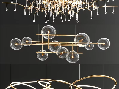 Contemporary Chandelier Designs With Transparent Glass Globes Golden Metal Frames Circular And Bar Structures 3d model