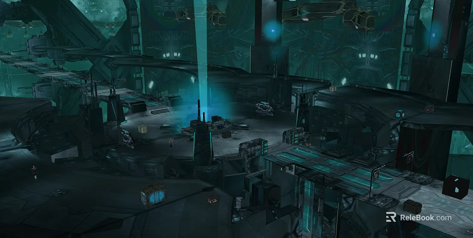 Futuristic Sci Fi Cartoon Scene With Metallic Structures Blue Beams And Floating Platforms 3d model 