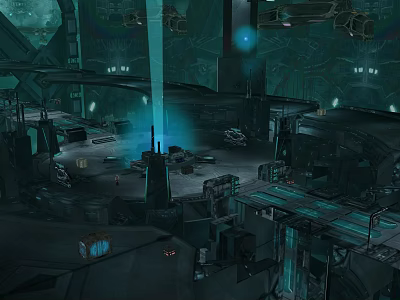Futuristic Sci Fi Cartoon Scene With Metallic Structures Blue Beams And Floating Platforms 3d model