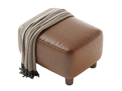 Cozy Brown Leather Stool Topped With Gray Blanket And Sturdy Wooden Legs 3d model