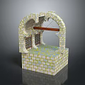 Traditional Brick Architecture with Arch Structure Red Beam Grille and Blue Yellow Patterned Base 3d model