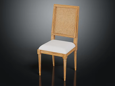 Classic Wooden Chair With Woven Rattan Backrest And White Padded Seat 3d model