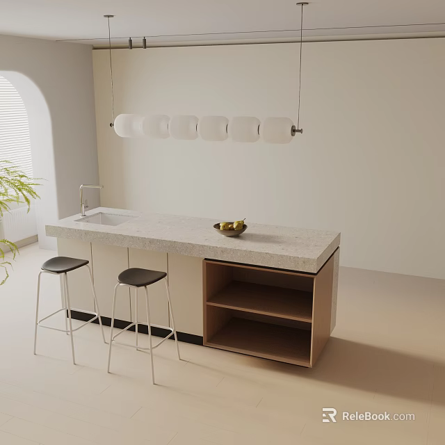 Modern Dining Table Set With Kitchen Island Countertop Bar Stools And Pendant Lights 3d model