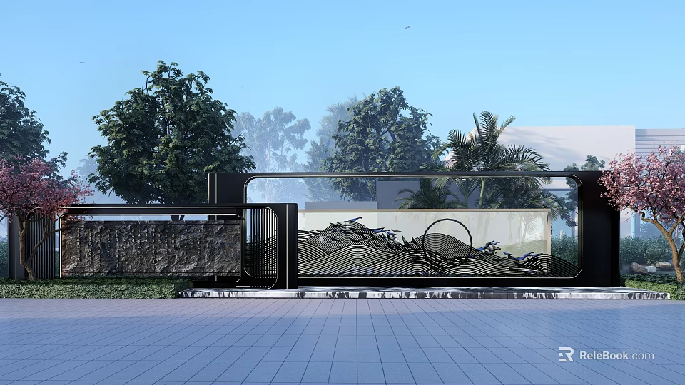 Modern Garden Feature Wall With Intricate Patterns Green Trees And Open Sky 3d model 