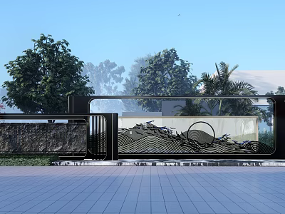 Modern Garden Feature Wall With Intricate Patterns Green Trees And Open Sky 3d model