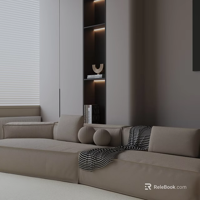 Cozy Three Seater Sofa With Striped Throw Blanket Round Cushions Black Bookshelf White Blinds 3d model 