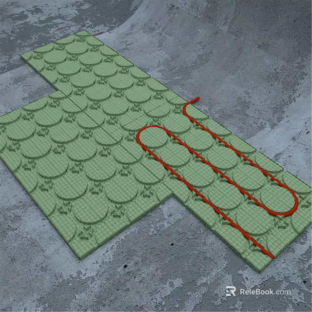 Green Underfloor Heating Mat Installation With Red Pipes On Concrete Surface 3d model 
