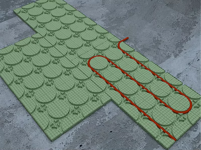 Green Underfloor Heating Mat Installation With Red Pipes On Concrete Surface 3d model