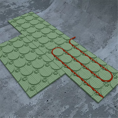 Green Underfloor Heating Mat Installation With Red Pipes On Concrete Surface 3d model
