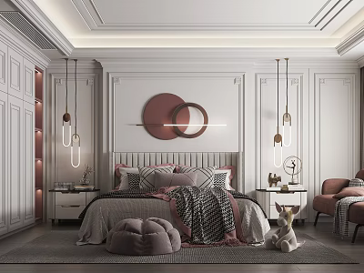 Elegant Modern Bedroom Interior With Circular Wall Decor Hanging Lights Wardrobe Pillows Pouf And Armchair 3d model