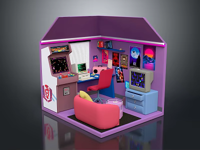 Purple Pink Mini Playhouse With Retro Gaming Console TV Computer And Electronic Appliances 3d model