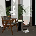 Modern Wooden Accent Chair With Upholstered Seat And Side Table Near Potted Plants