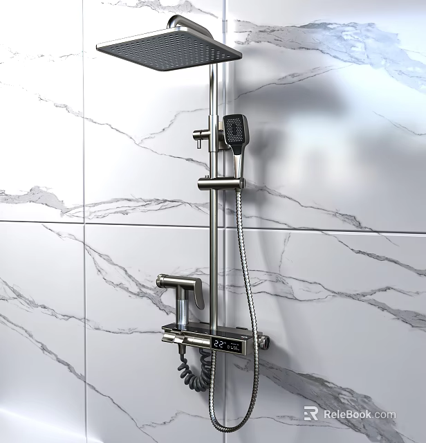 Modern Shower System With Digital Display Handheld Sprayer And Marble Tile Wall 3d model 