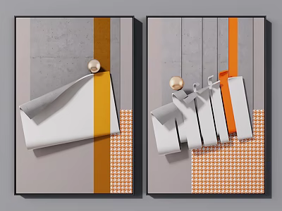 Modern Abstract Wall Art With Geometric Patterns Orange Gray White Stripes And Houndstooth 3d model