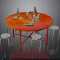 Red Round Table With Wine Bottles Cups And White Metal Leg Stools
