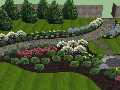 Garden Landscape With Well Maintained Lawn Neat Shrubs Colorful Flowers And Winding Stone Path 3d model