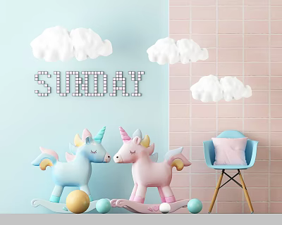 Colorful Building Blocks Form Sunday Word With Cloud Decorations In Kids Play Area 3d model
