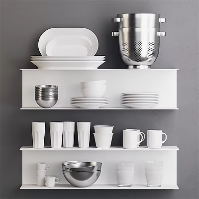 Modern Minimalist Dinnerware Set With White Ceramic Plates Cups And Silver Metal Bowls On Shelves 3d model