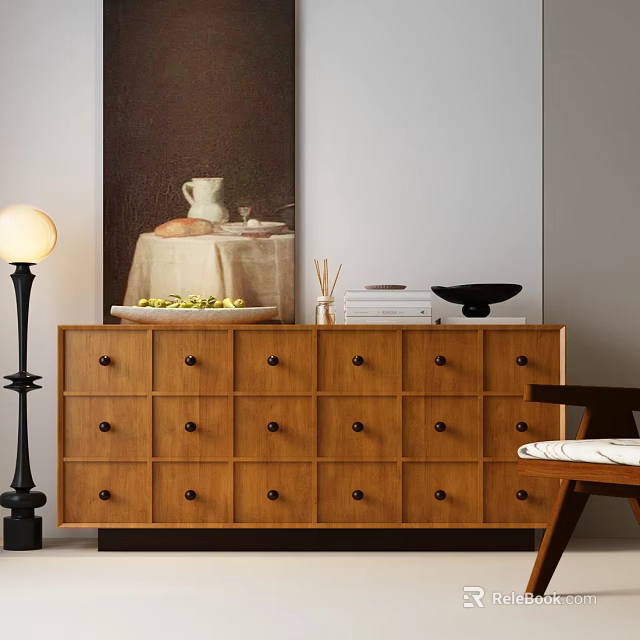 Wooden Entryway Cabinet Sideboard With Multiple Drawers Floor Lamp Painting Books And Bowl On Top 3d model 