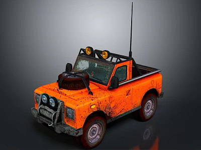 Orange Off Road Pickup Truck With Muddy Exterior Spotlights And Antenna 3d model