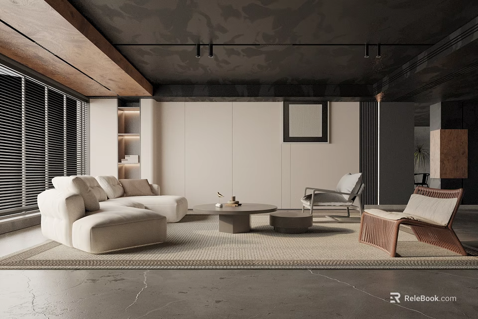 Modern Living Room With Cream Sofa Armchairs Coffee Table Dark Ceiling And Wooden Beams 3d model 