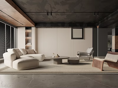 Modern Living Room With Cream Sofa Armchairs Coffee Table Dark Ceiling And Wooden Beams 3d model