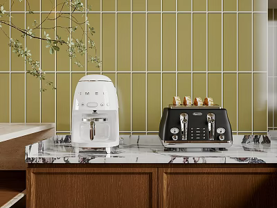 Modern Kitchen With Green Tiled Wall And Marble Countertop Coffee Machine And Toaster 3d model