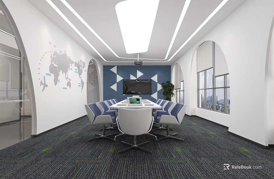 Modern Conference Room With Round Table Blue Accent Wall Large Screen And World Map 3d model