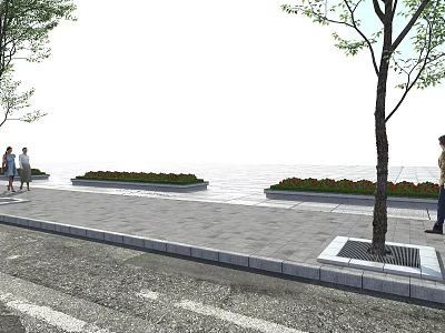 Urban Tree Pit Design On Paved Sidewalk With Green Plants And People Walking 3d model