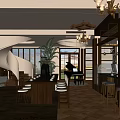Cozy Café Interior With Chandeliers Piano Bar Stools Plants Large Windows And Wooden Decor
