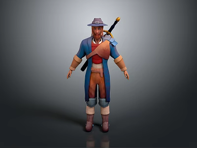 Man Wearing Blue Long Coat With Hat And Sword On Back 3d model