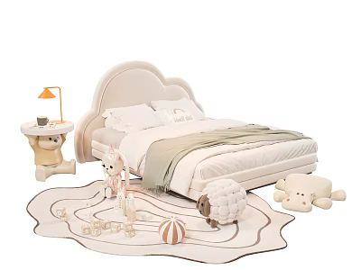 White Kids Bed With Cloud Shaped Headboard Side Table Lamp And Stuffed Toys 3d model