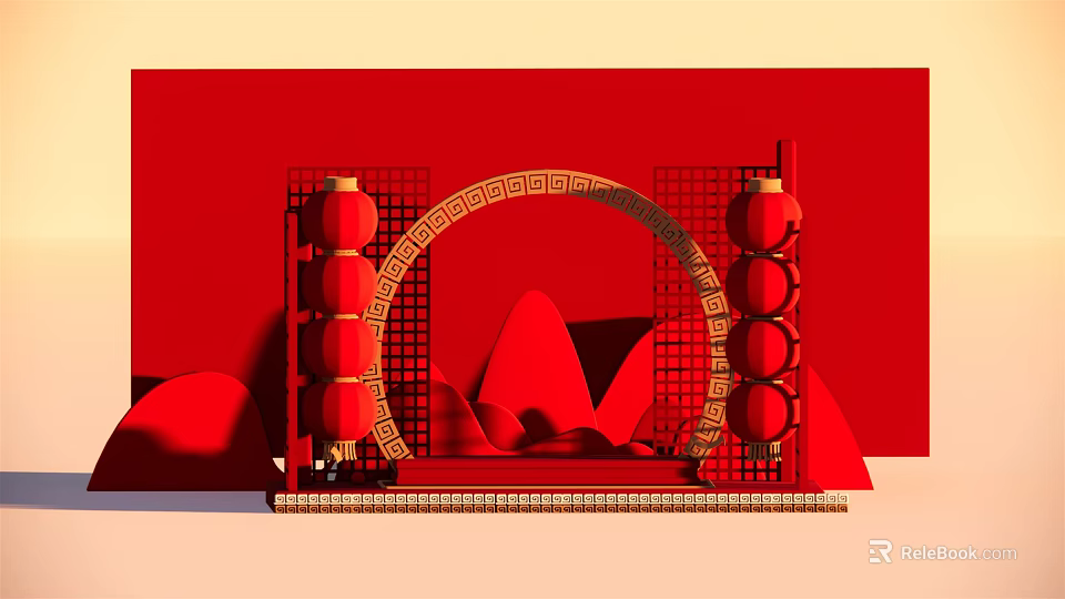 Traditional Chinese Red Decoration with Lanterns Arch Grid and Mountain Shapes 3d model 